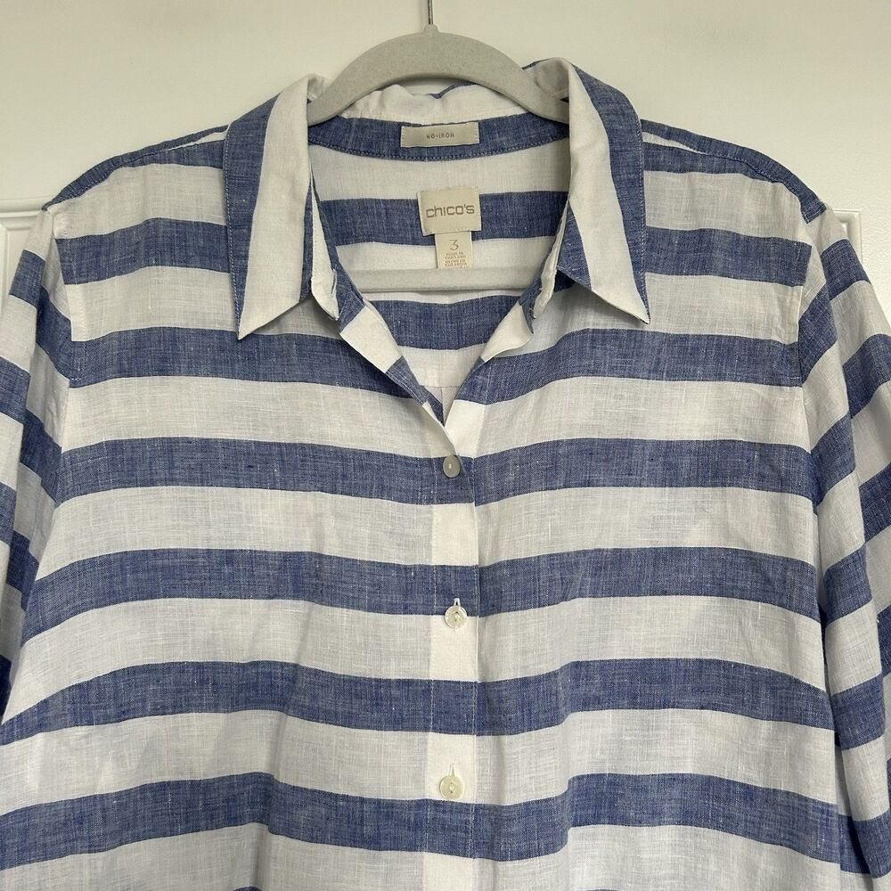Chicos Non Iron Linen Button Up Shirt 3/4 Sleeve Striped Blue White 3/XL Coastal